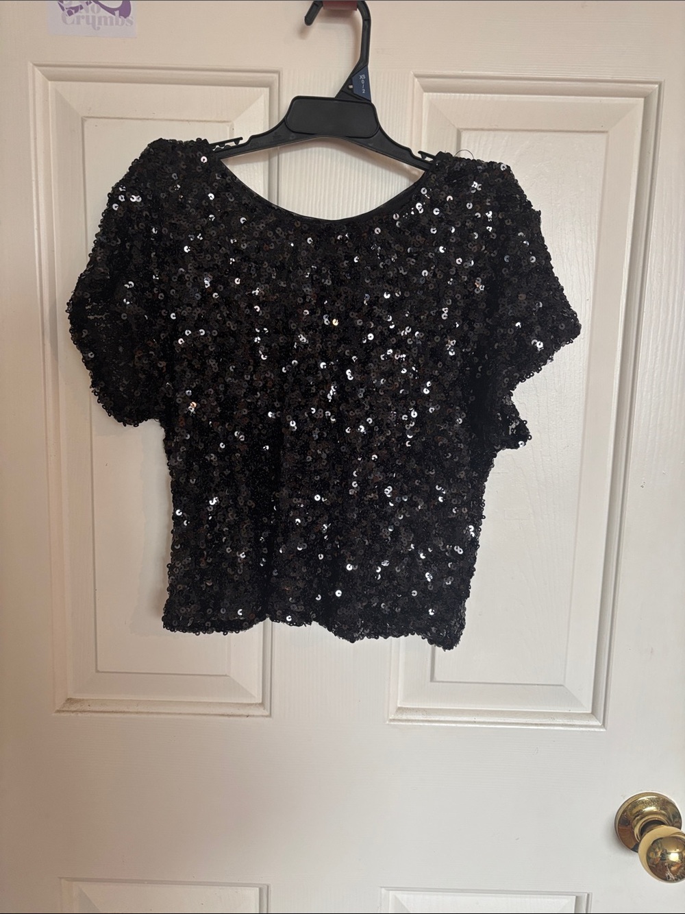Black Sequin Short Sleeve Crop Top